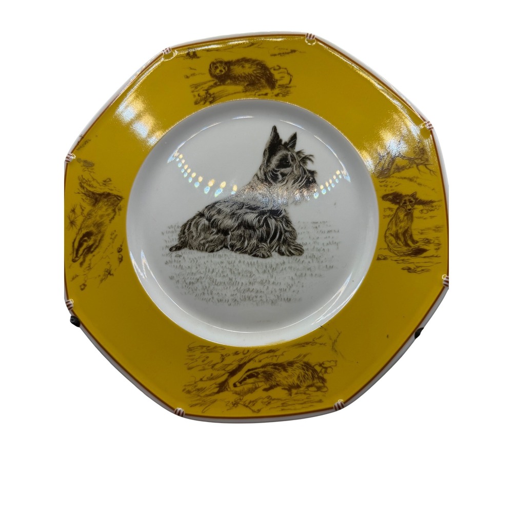 Hermes Chiens Courants Scottish Terrier Porcelain Plate Yellow 8.5" with Box